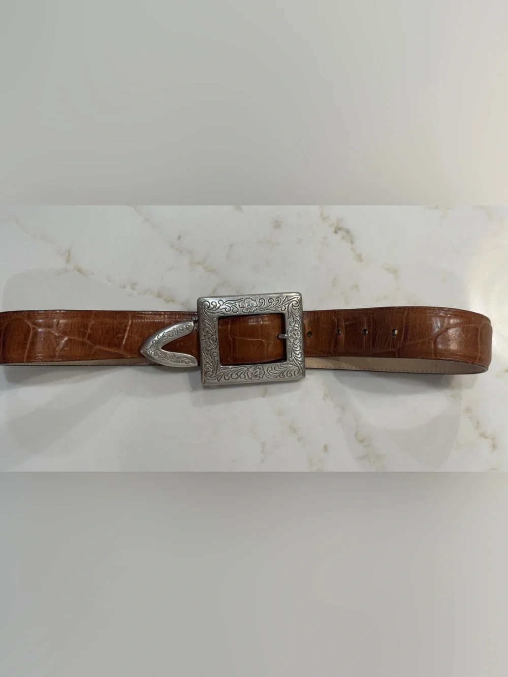 Brighton Belt #42707 1992 Brown Embossed Leather Engraved Floral Silver Buckle